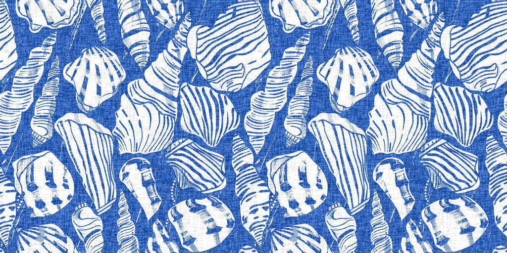 Indigo Shellscape, peel and stick wallpaper, bold shell pattern wallpaper in rich indigo tones