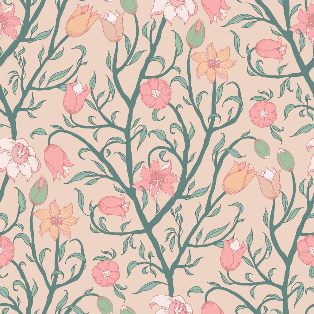 Garden Branches, peel and stick wallpaper, delicate flowering branches spread gracefully across a warm neutral background