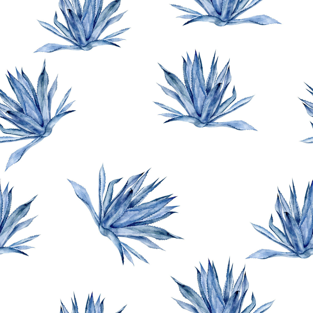 Indigo Succulents, peel and stick wallpaper, elegant botanical wallpaper featuring watercolor succulent plants painted