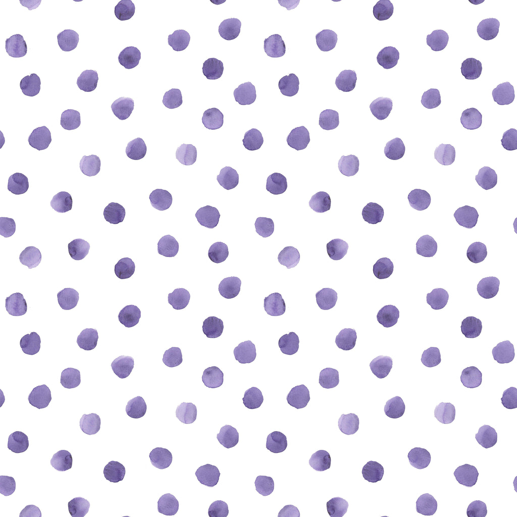 Violet Dots, peel and stick wallpaper, soft watercolor polka dots in varying violet tones scatter across a clean white