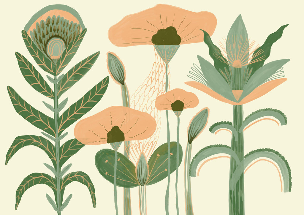 Meadow Blooms, peel and stick wallpaper, stylized botanical flowers in soft peach and muted green tones create a modern