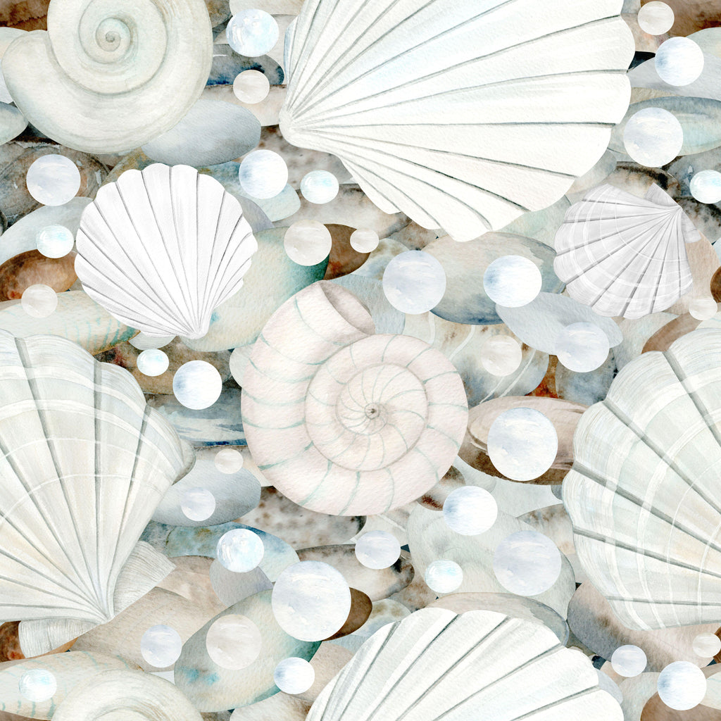 Pearl Shores, peel and stick wallpaper, soft watercolor shells and smooth coastal stones overlap in a serene ocean
