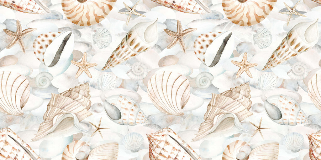Seaside Collection, peel and stick wallpaper, a delicate arrangement of watercolor shells, starfish, and smooth beach