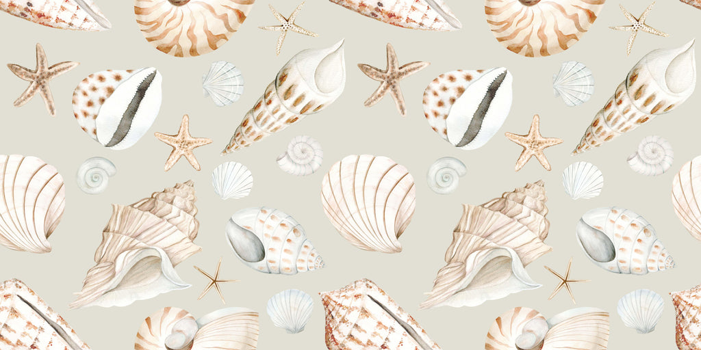 Coastal Treasures, peel and stick wallpaper, beautifully illustrated shells and starfish float across a soft neutral