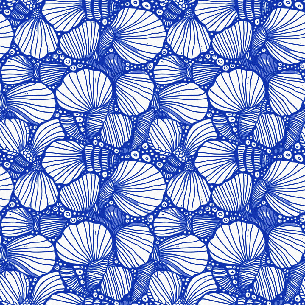 Shell Mosaic, peel and stick wallpaper, featuring layered seashell illustrations surrounded