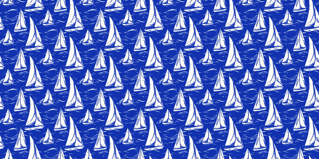 Sailing Pattern, peel and stick wallpaper, charming sailboat wallpaper featuring white boats drifting across deep blue