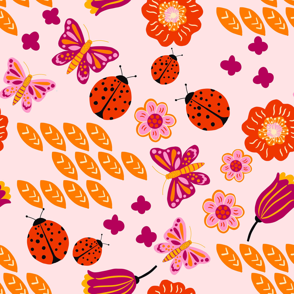 Garden Joy, peel and stick wallpaper, playful butterflies, ladybugs, and bright flowers scatter across a cheerful