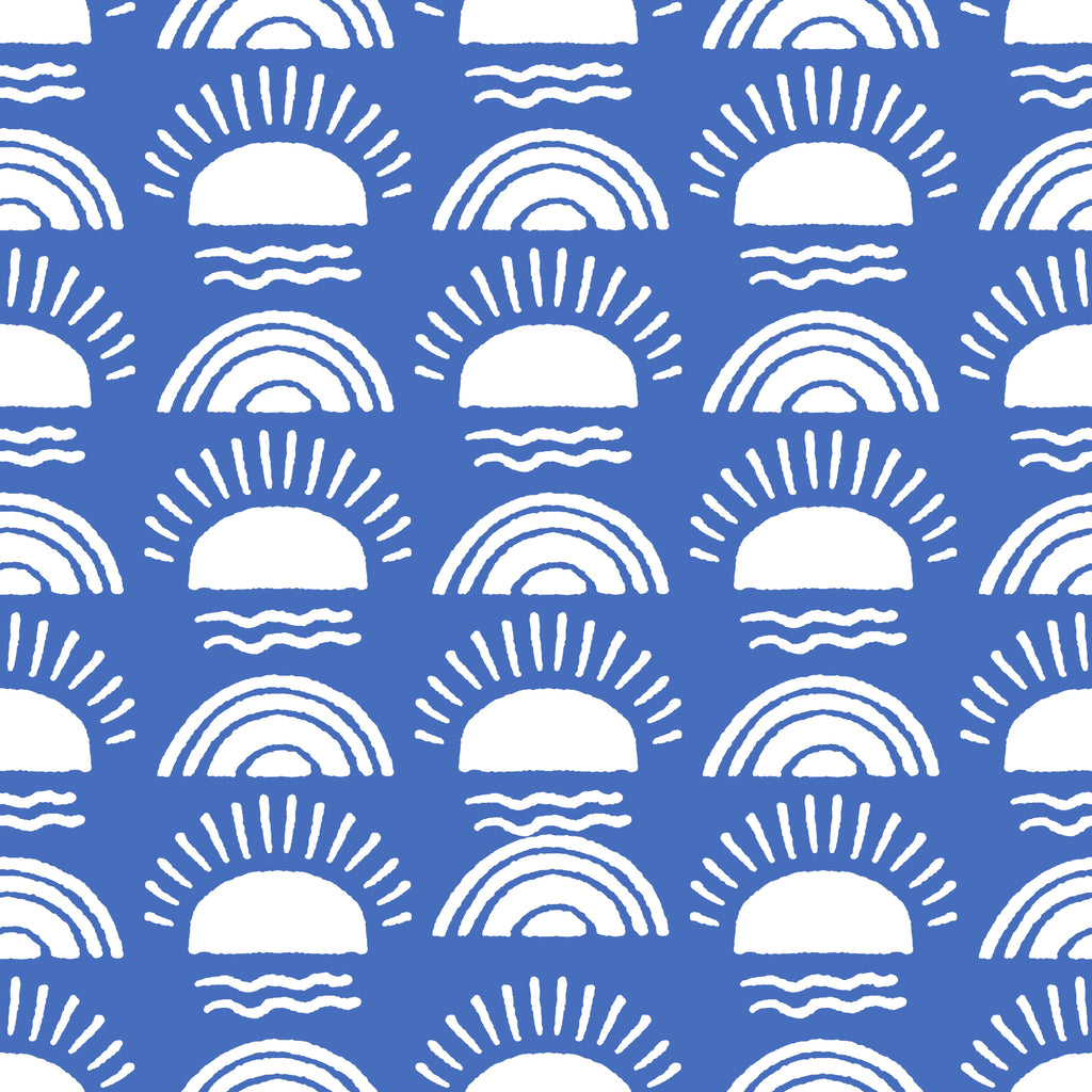 Sunrise Waves, peel and stick wallpaper, playful coastal wallpaper featuring repeating sun and rainbow motifs above gentle