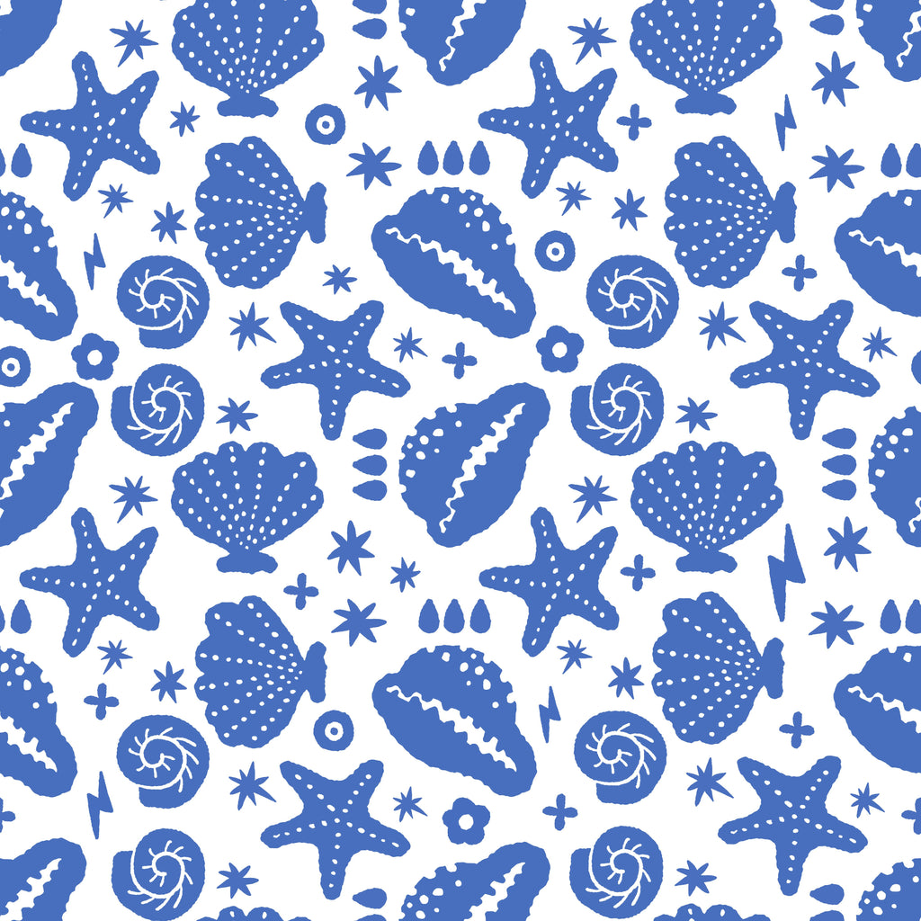 Seaside Icons, peel and stick wallpaper, illustrated seaside wallpaper featuring starfish, shells, and tiny marine details