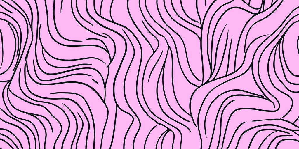 Velvet Waves, peel and stick wallpaper, flowing black lines ripple across a soft pink background, forming an abstract