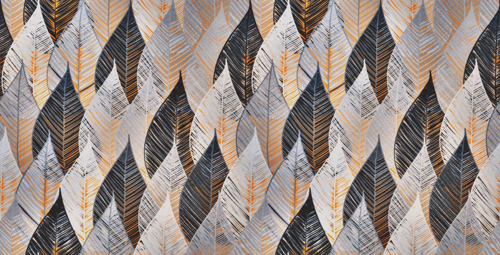 Autumn Feathers, peel and stick wallpaper, layered feather shaped leaves in gray, charcoal, and warm amber tones