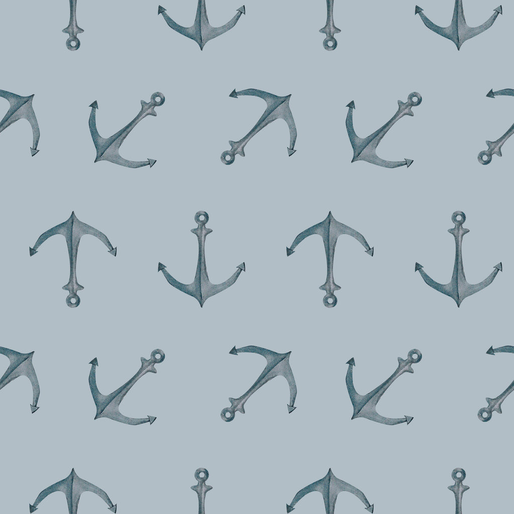 Anchor Repeat, peel and stick wallpaper, repeating anchor wallpaper set against a soft blue background