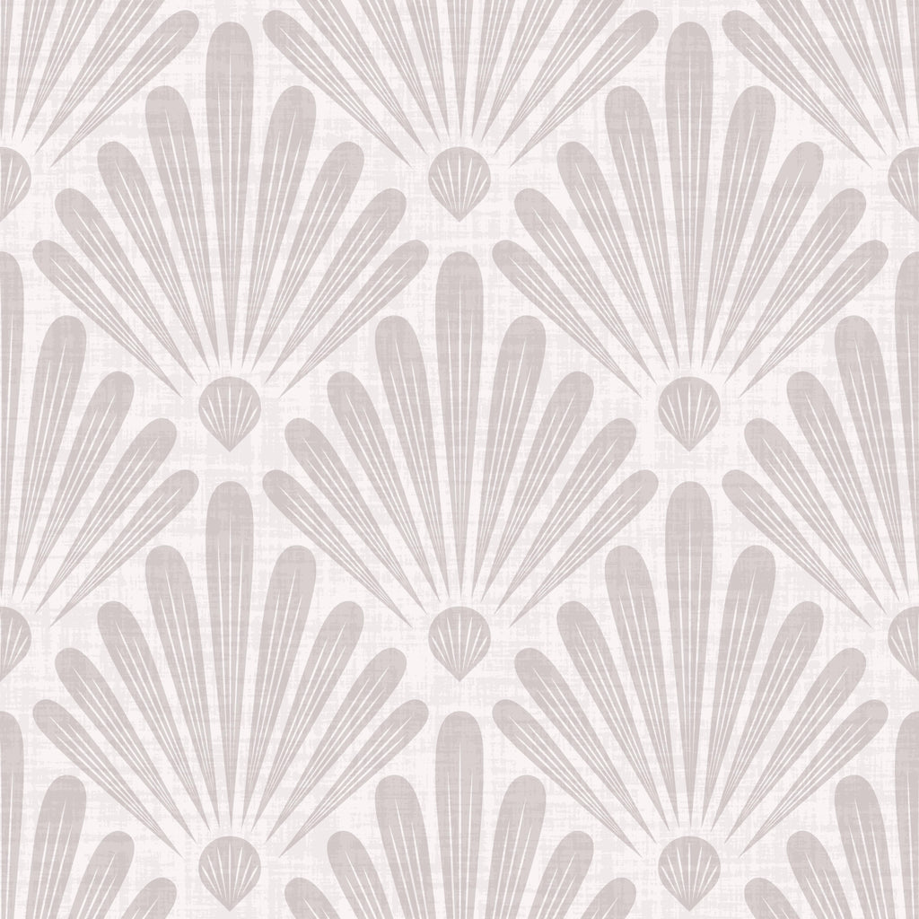 Shell Radiance, peel and stick wallpaper, elegant fan shaped shell motifs repeat in a soft neutral palette