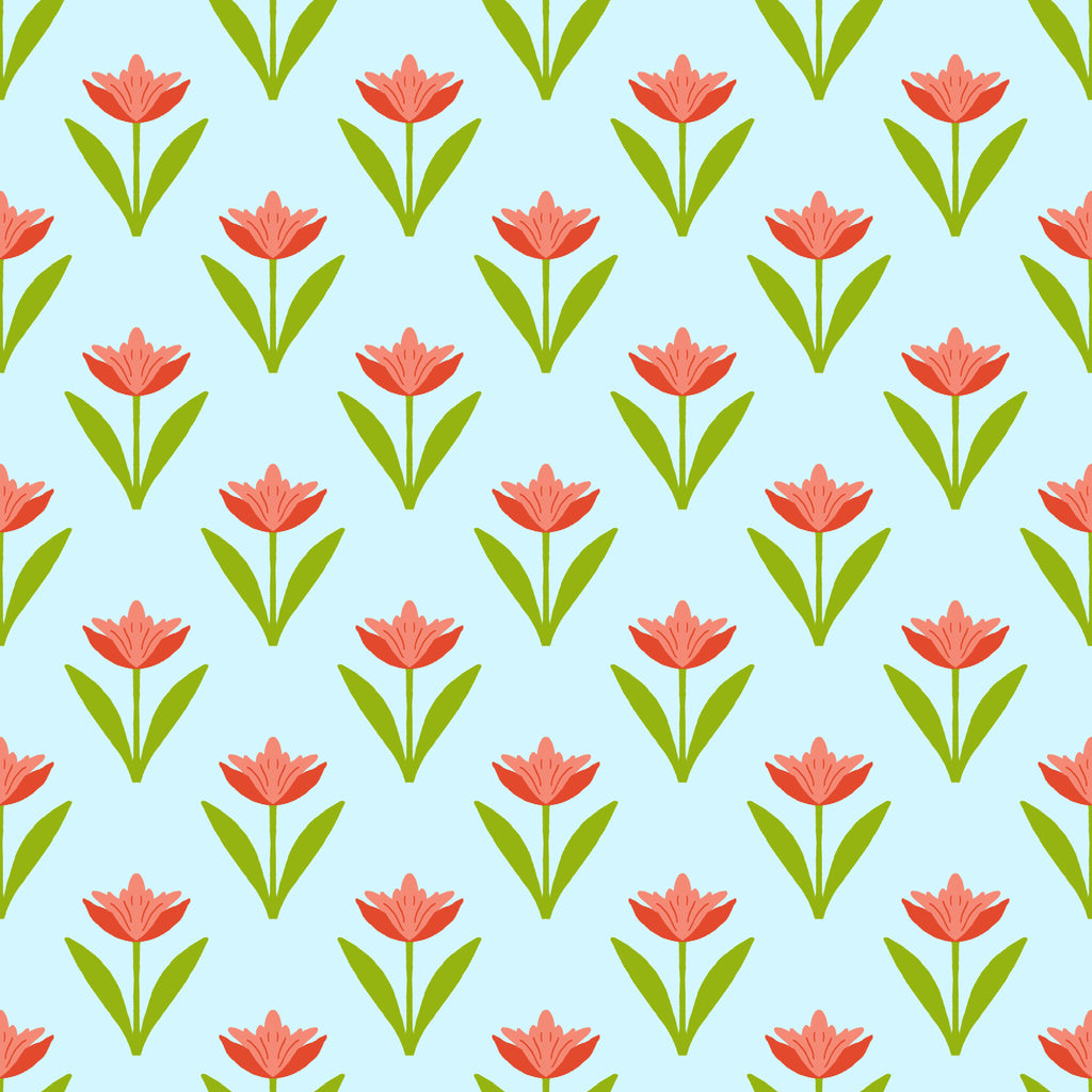 Coral Tulips, peel and stick wallpaper, simple tulip illustrations in coral tones repeat across a soft sky-blue