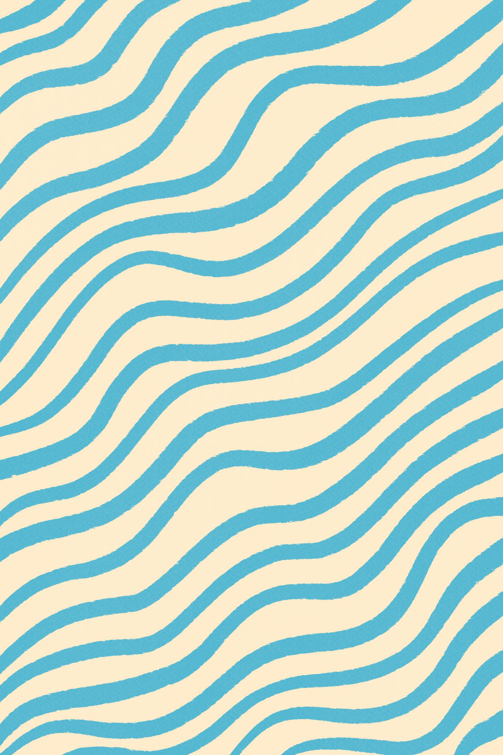 Ocean Ribbons, peel and stick wallpaper, flowing turquoise waves move across a warm cream background, creating a playful