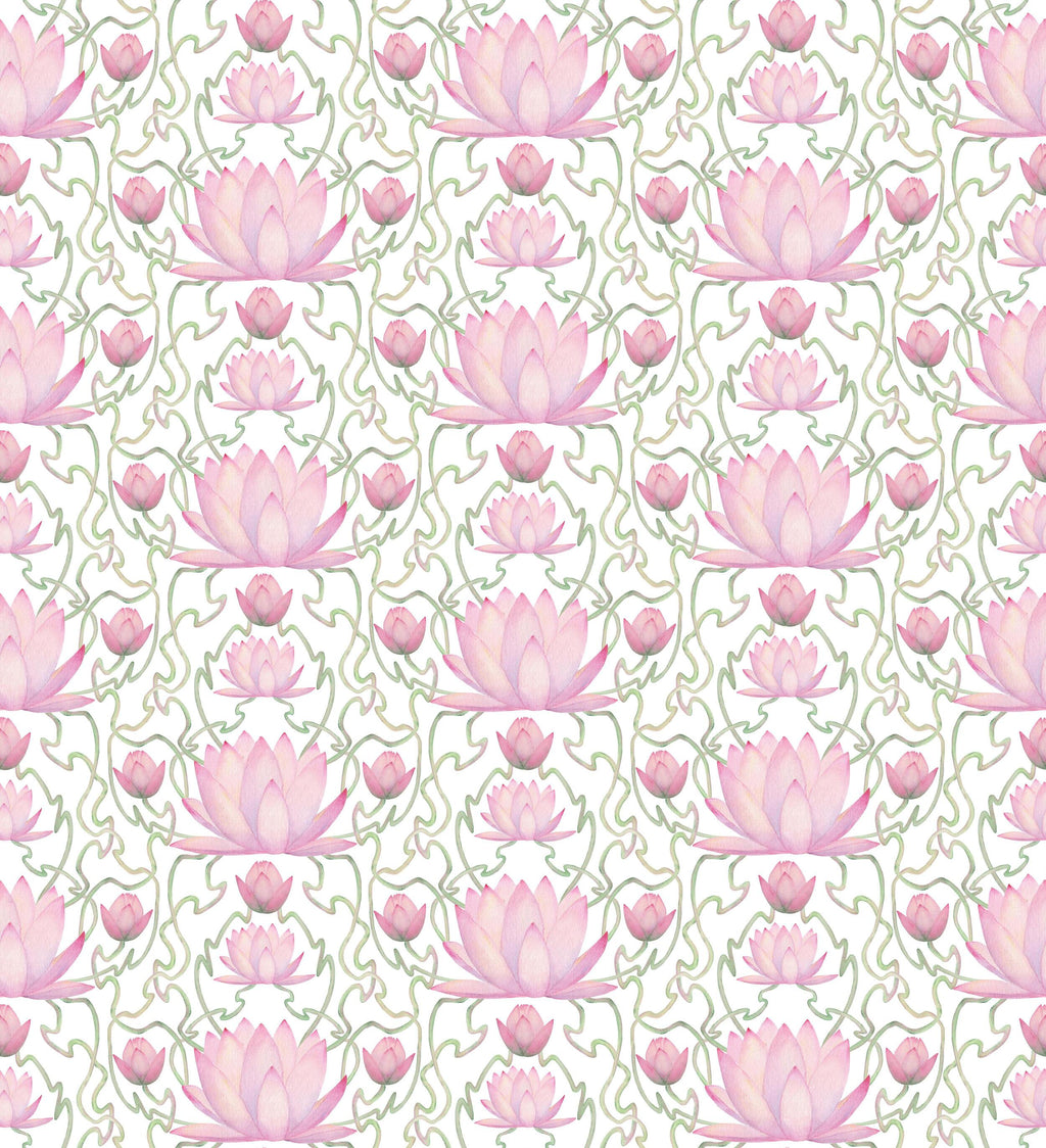 Lotus Harmony, peel and stick wallpaper, elegant pink lotus blossoms repeat in a symmetrical pattern intertwined