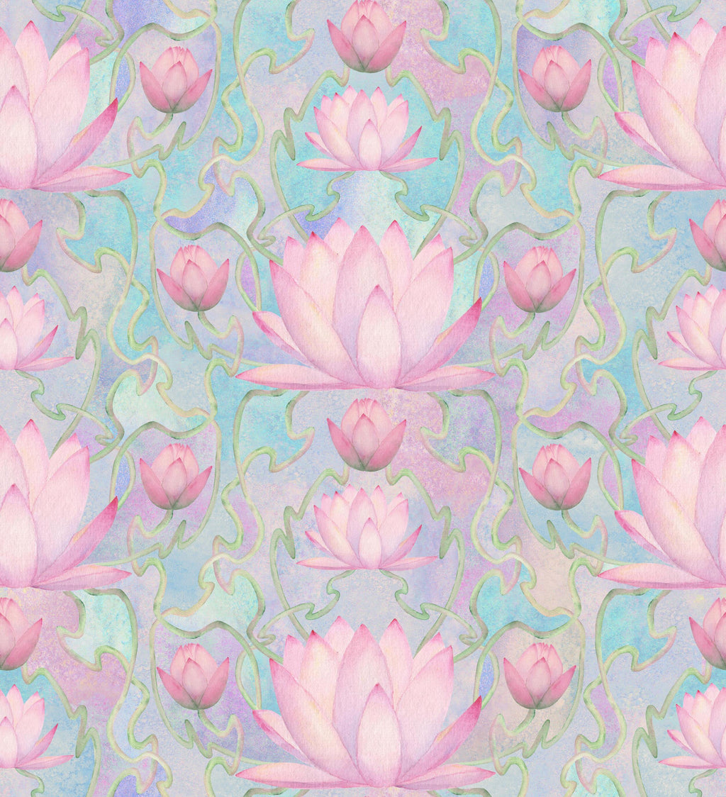 Lotus Dream, peel and stick wallpaper, soft pink lotus flowers bloom across a pastel watercolor background of blues