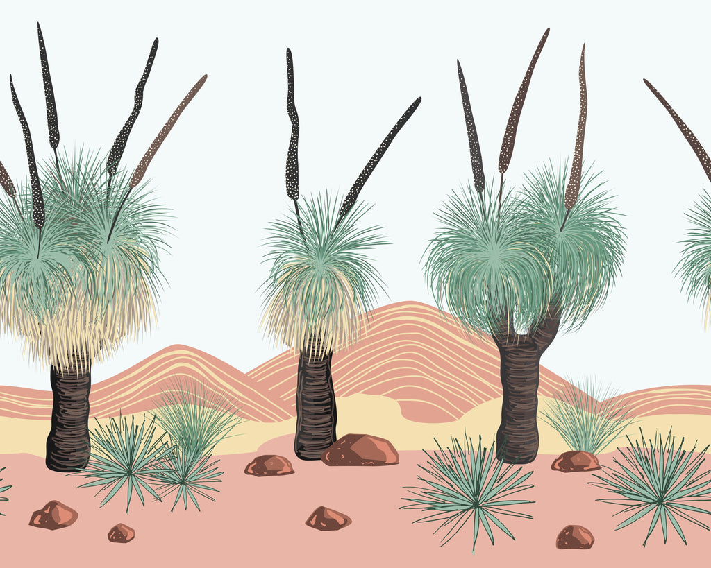 Desert Palms, peel and stick wallpaper, stylized desert palms rise against soft rolling dunes, blending warm earth tones