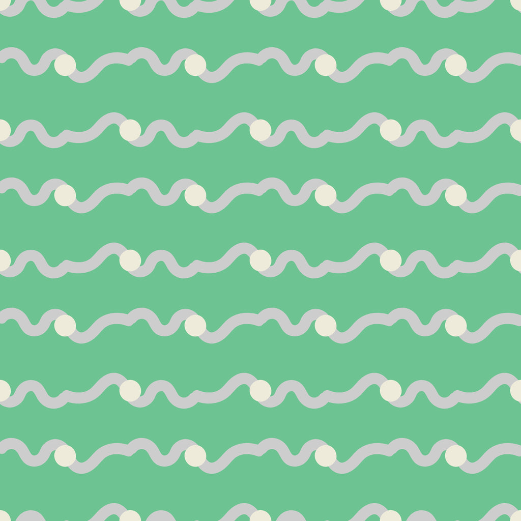 Mint Waves, peel and stick wallpaper, playful flowing lines and soft circular accents create a modern retro rhythm