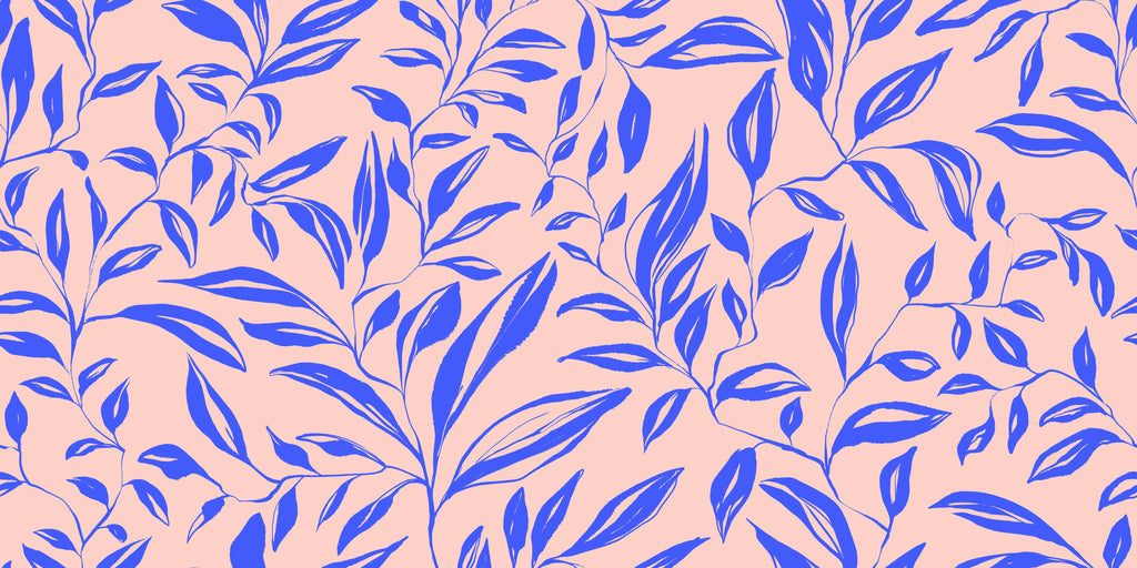 Sapphire Leaves, peel and stick wallpaper, elegant botanical silhouettes flow across a warm blush background