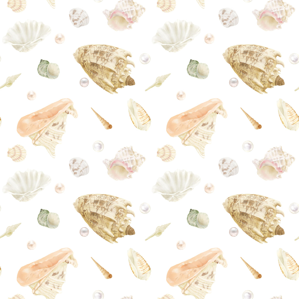 Coastal Keepsakes, peel and stick wallpaper, delicate seashell wallpaper featuring soft neutral tones and scattered pearl