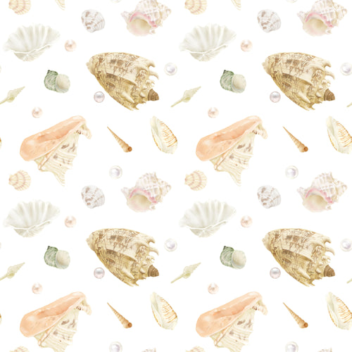 Coastal Keepsakes, peel and stick wallpaper, delicate seashell wallpaper featuring soft neutral tones and scattered pearl