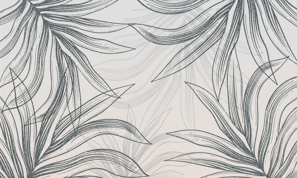 Graphite Leaves, peel and stick wallpaper, flowing sketch-style leaves in charcoal lines sweep across a soft stone