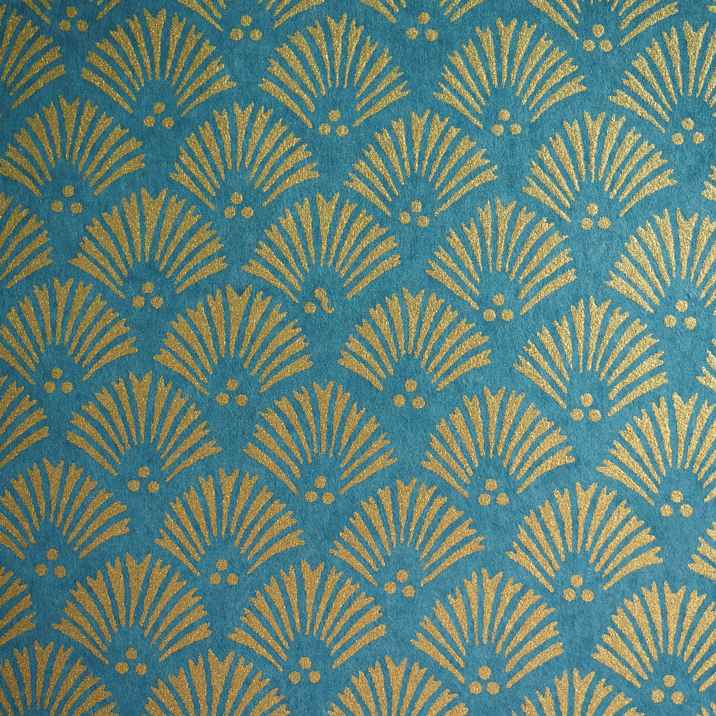 Gilded Fans, peel and stick wallpaper, elegant gold fan motifs repeat across a rich teal background, creating art deco
