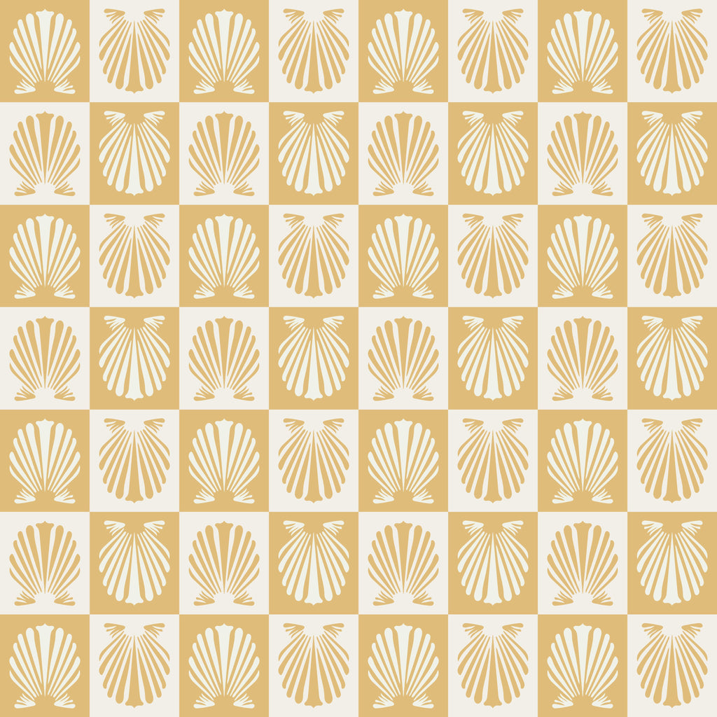 Golden Scallops, peel and stick wallpaper, repeating scallop shell wallpaper arranged in a classic checker pattern