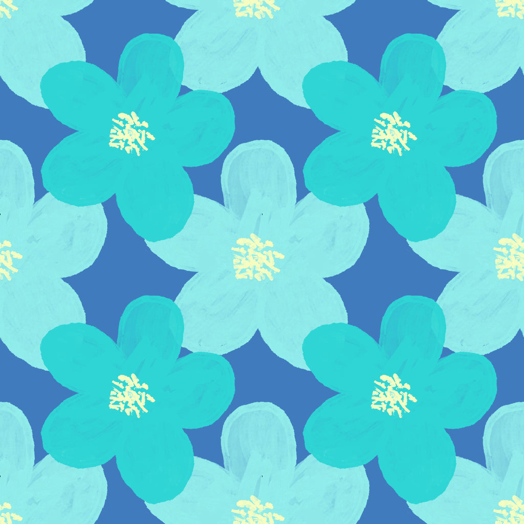 Ocean Blossoms, peel and stick wallpaper, bold teal and aqua flowers bloom across a rich blue background
