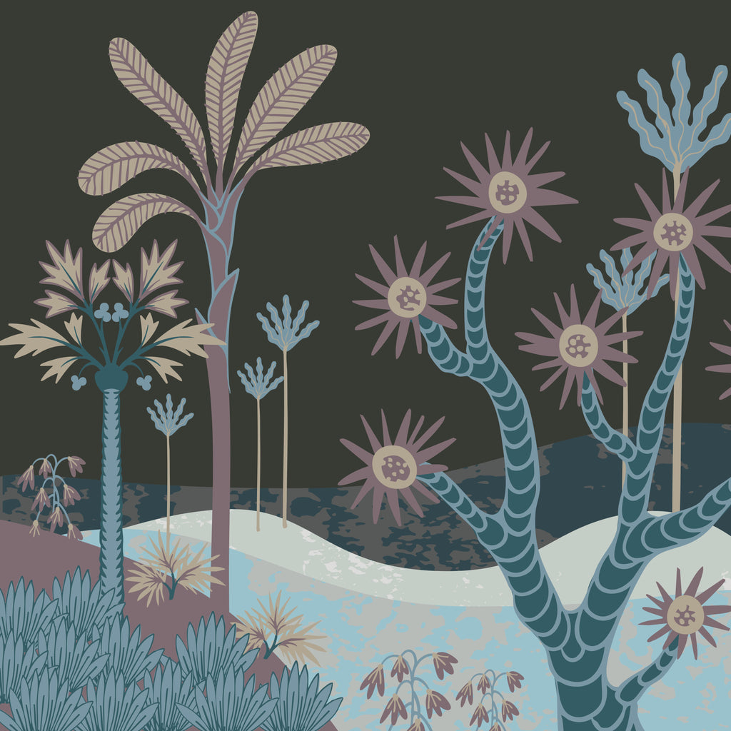 Desert Bloom, peel and stick wallpaper, stylized desert plants and abstract floral forms create a playful landscape filled