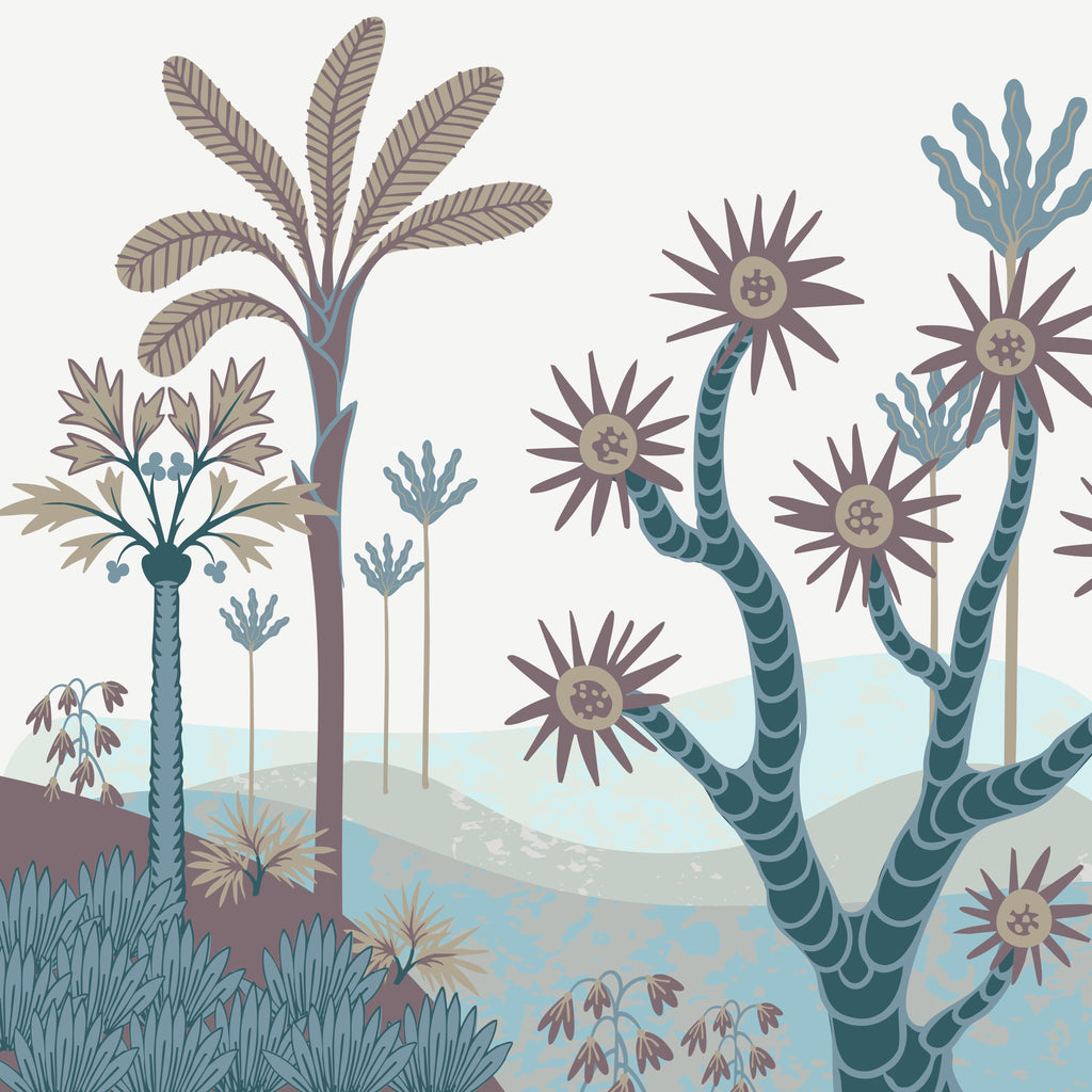 Pastel Oasis, peel and stick wallpaper, whimsical desert plants and stylized flowers form a soft illustrated landscape