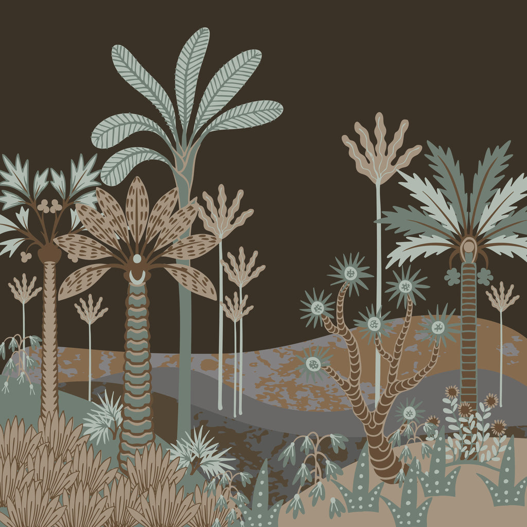 Desert Twilight, peel and stick wallpaper, stylized desert plants and palms stand against a deep earthy background