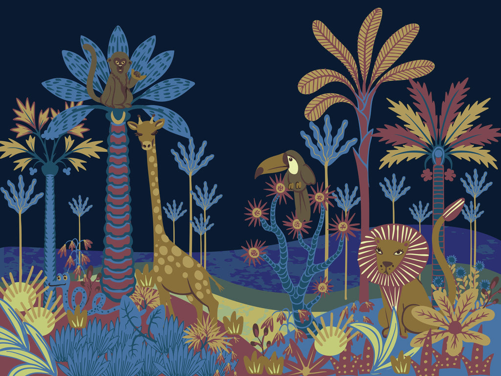 Jungle Parade, peel and stick wallpaper, playful animals and colorful tropical plants come together in a whimsical