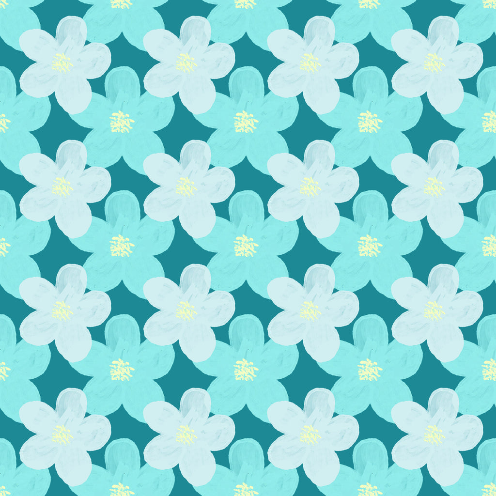 Aqua Blossoms, peel and stick wallpaper, large painterly flowers repeat across a vibrant teal background