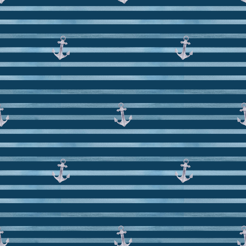 Nautical Anchors, peel and stick wallpaper, classic anchor icons repeat across deep blue horizontal stripes