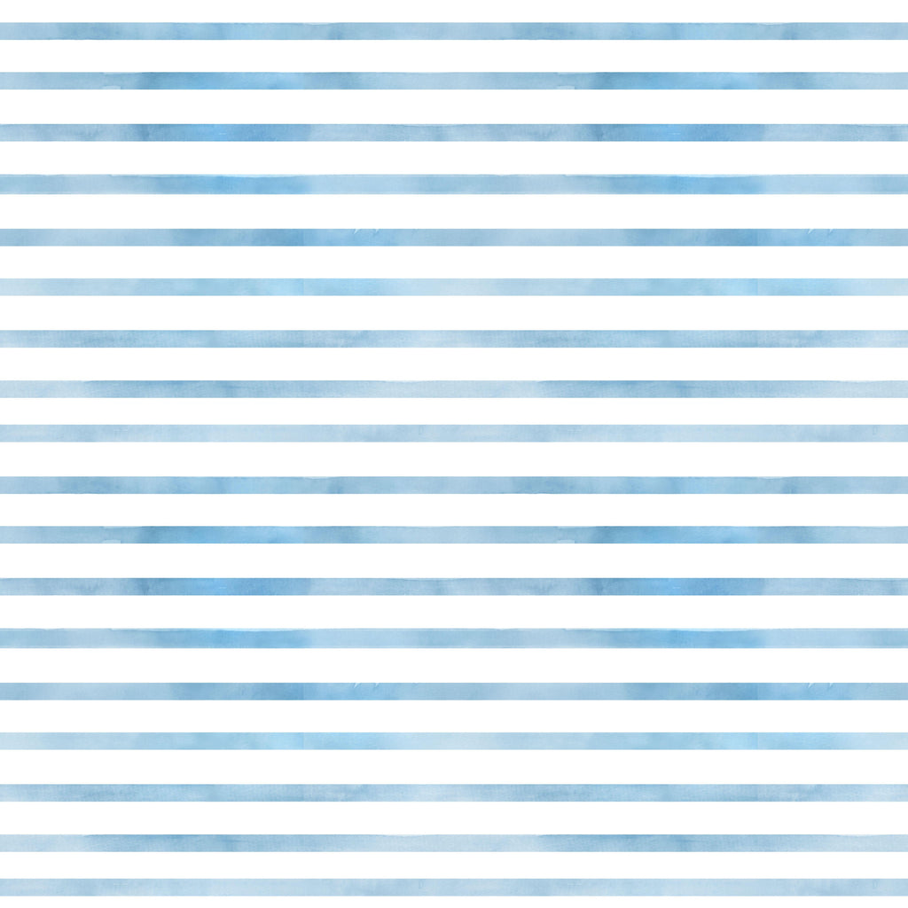 Ocean Stripes, peel and stick wallpaper, watercolor blue horizontal stripes repeat across a crisp white background