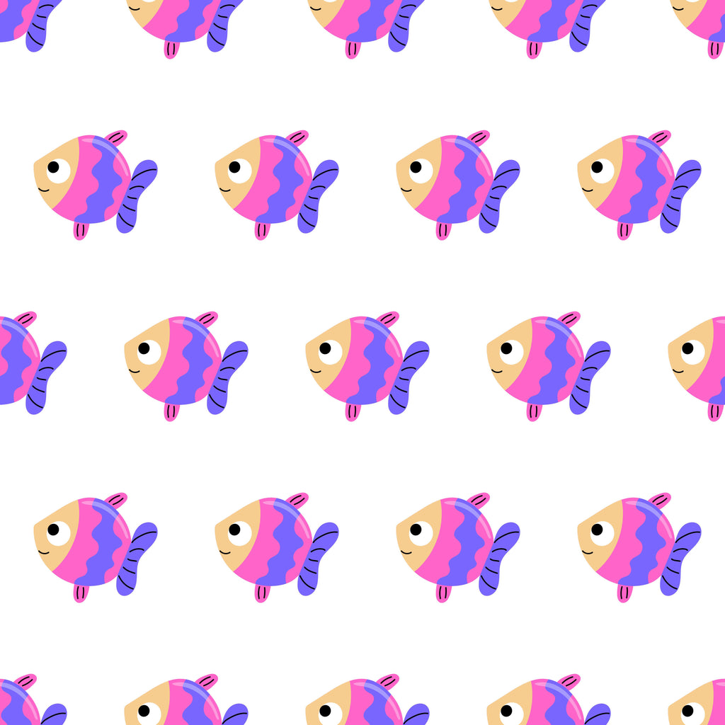 Candy Fish, peel and stick wallpaper, cheerful wallpaper featuring repeating cartoon fish in bright pink, purple