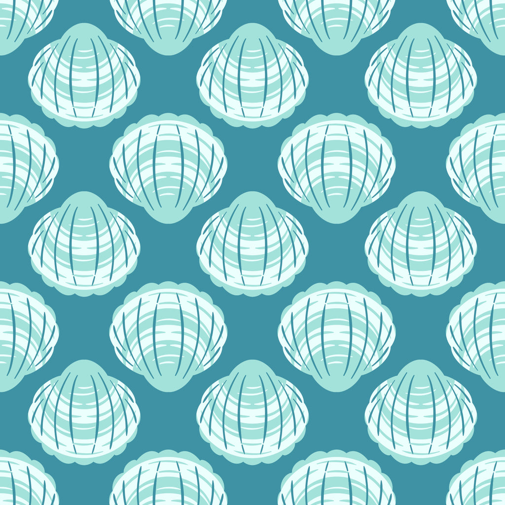 Teal Scallops, peel and stick wallpaper, repeating scallop shell wallpaper in soft seafoam tones against a deep teal