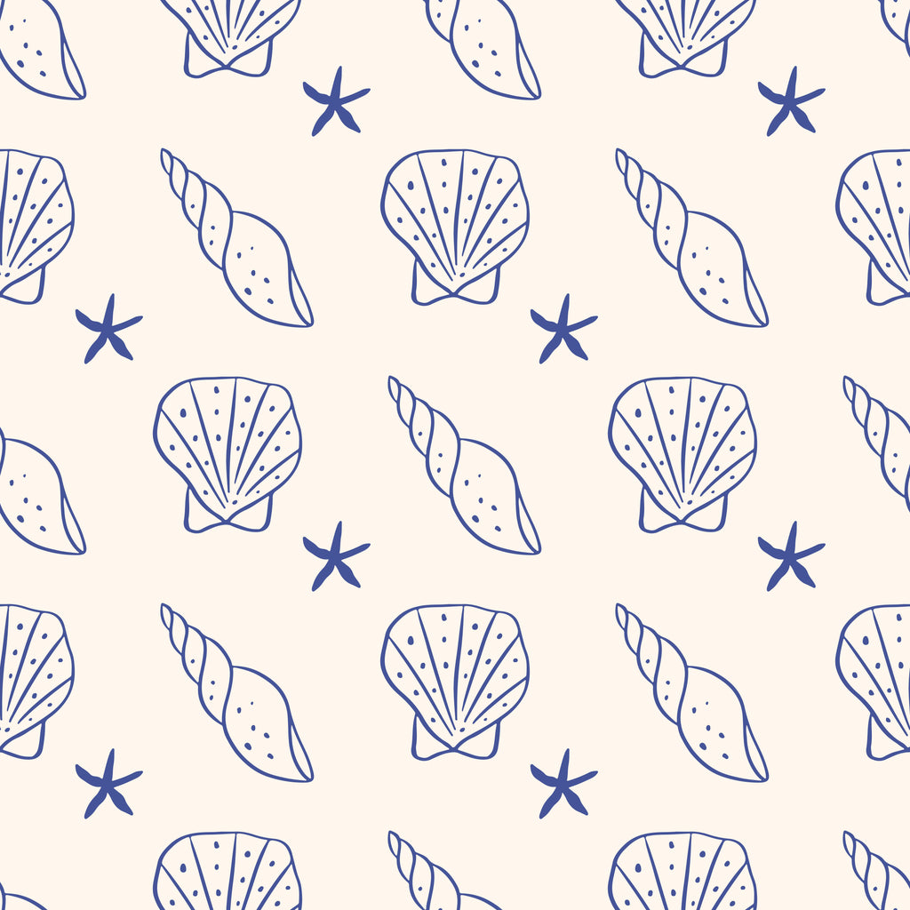 Coastal Doodles, peel and stick wallpaper, hand drawn shell and starfish wallpaper featuring simple blue line