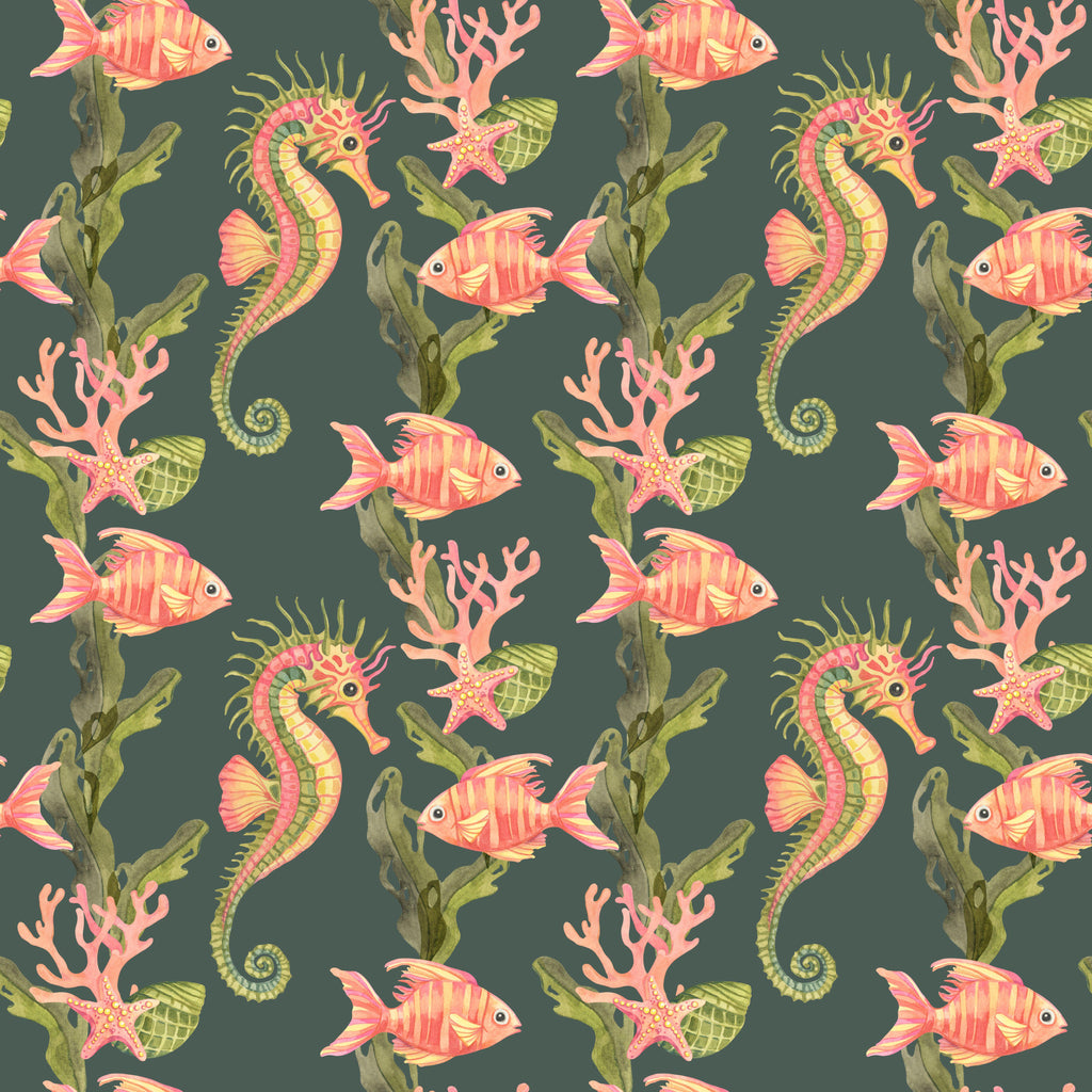 Coral Seahorse, peel and stick wallpaper, charming underwater wallpaper featuring illustrated seahorses, coral branches