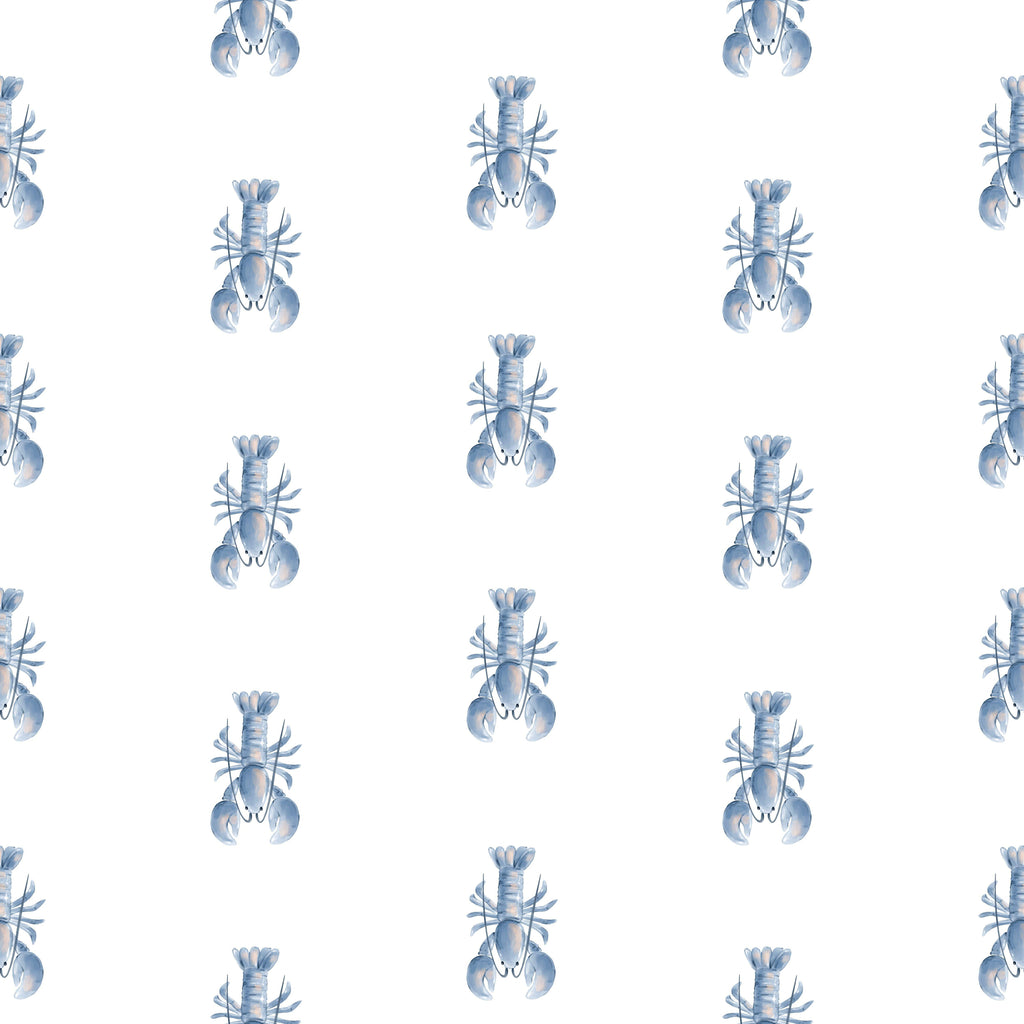 Harbour Lobster wallpaper with hand-painted blue lobsters on a white ground