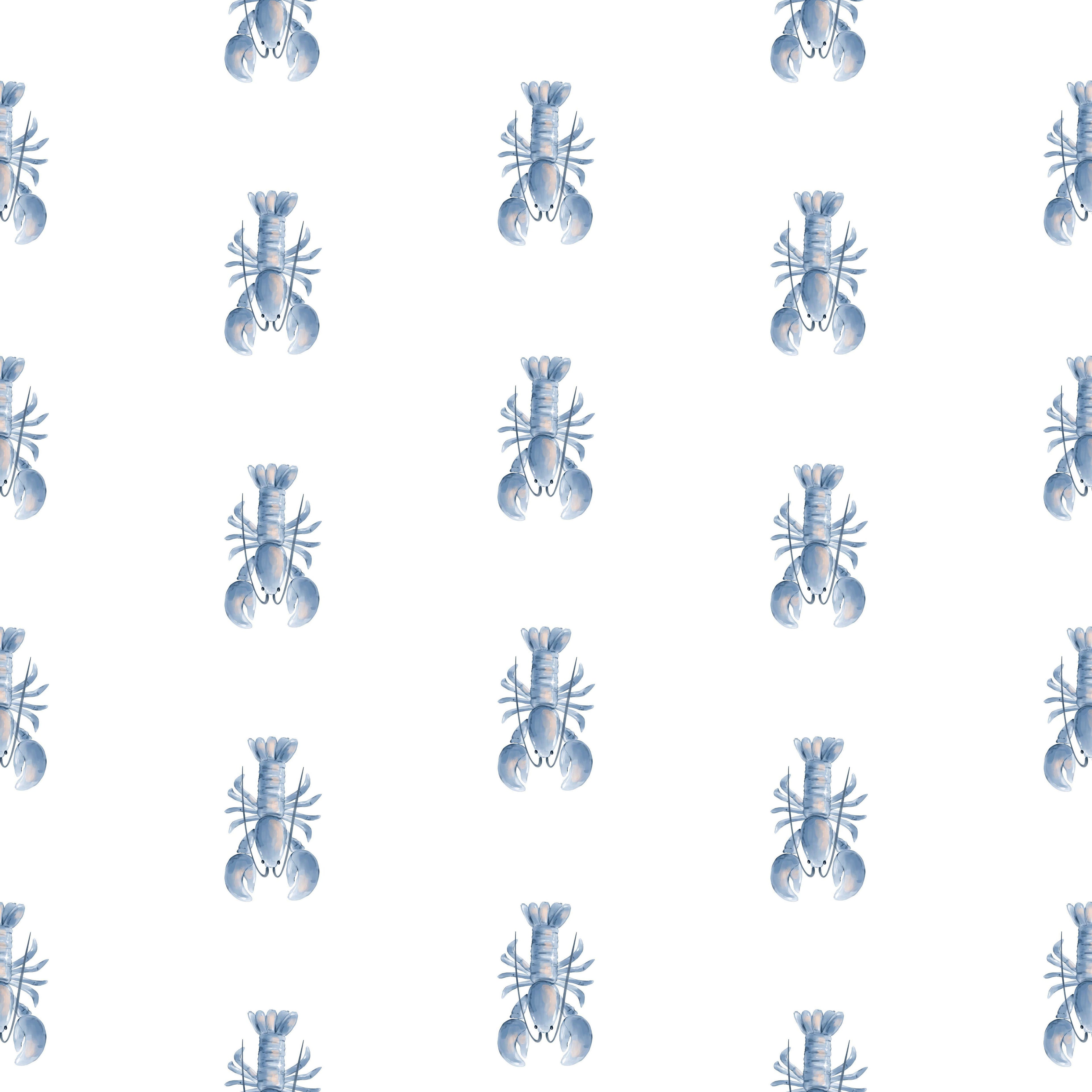 Harbour Lobster wallpaper with hand-painted blue lobsters on a white ground