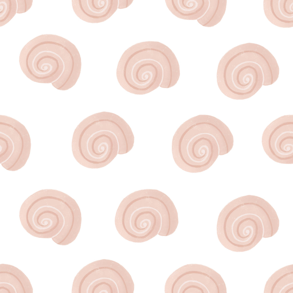 Blush Spirals, peel and stick wallpaper, soft spiral shell shapes repeat across a clean background, creating a gentle