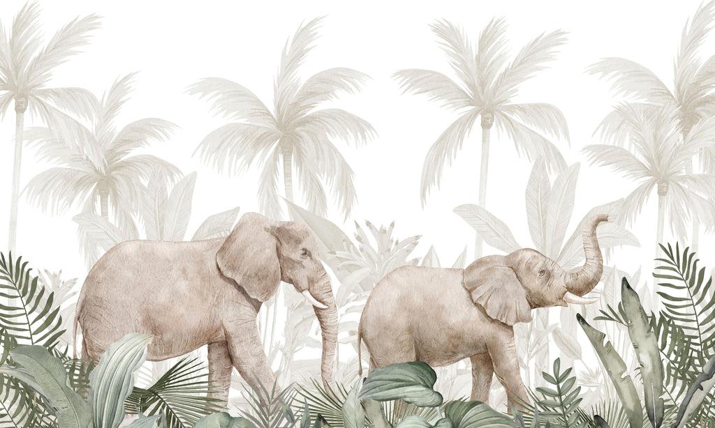 Gentle Giants, peel and stick wallpaper, soft watercolor elephants walk through a calm tropical landscape filled with palm