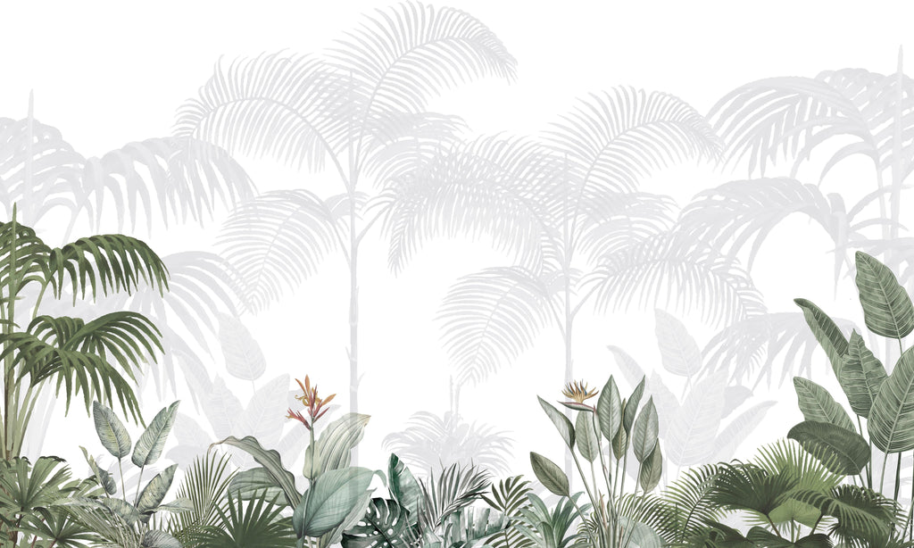 Tropical Silhouette, peel and stick wallpaper, layered palm shadows and botanical foliage create a serene tropical