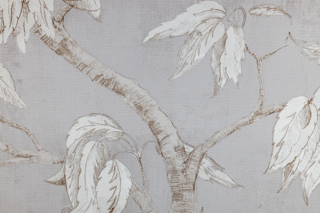Woodland Sketch, peel and stick wallpaper, soft pencil-style branches and leaves stretch across a textured neutral