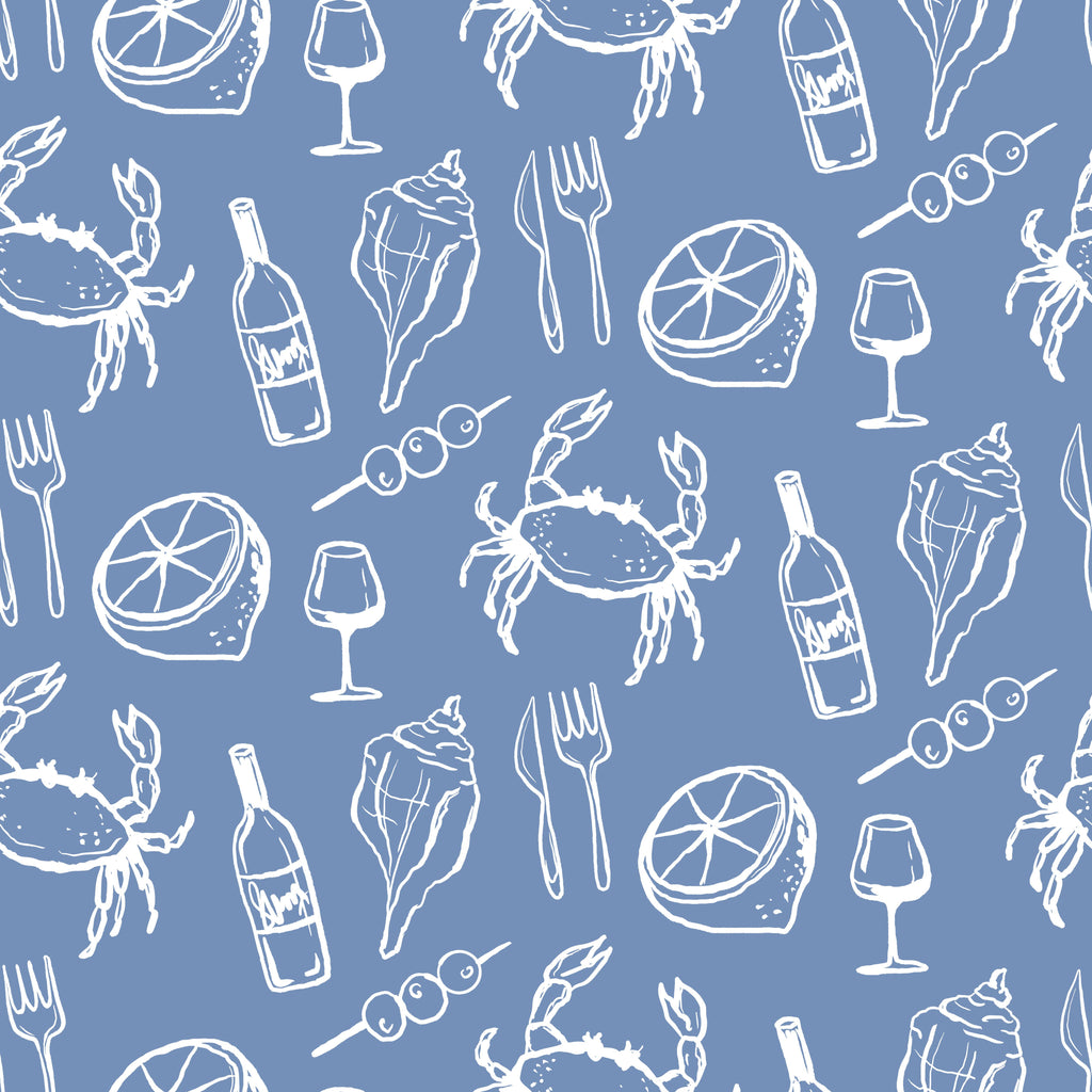 Coastal Feast, peel and stick wallpaper, playful wallpaper featuring hand drawn seafood, citrus, wine bottles, and shells