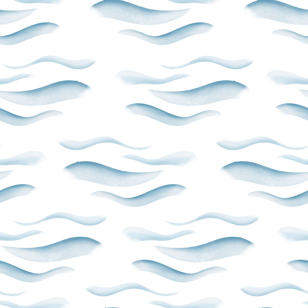 Misty Waves, peel and stick wallpaper, soft watercolor wave shapes drift across a clean white background, creating a calm