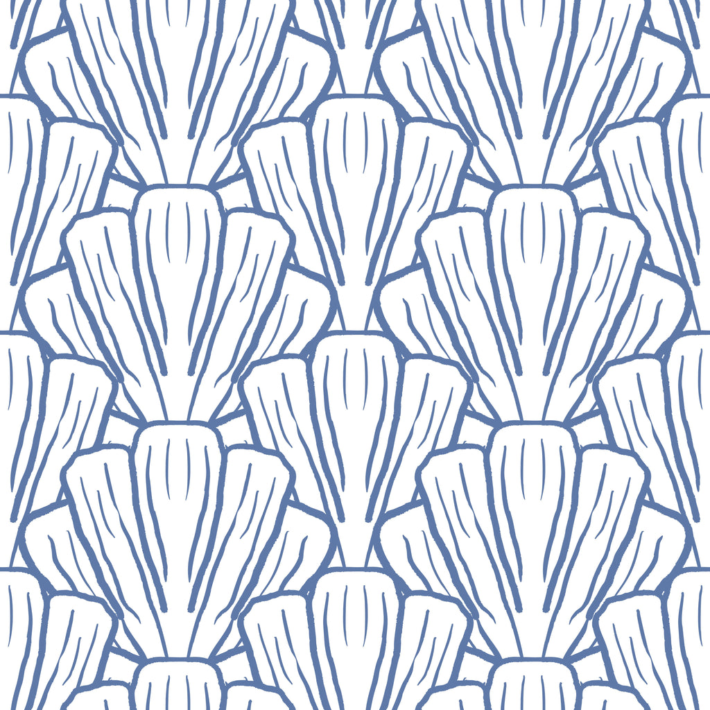 Coastal Fans, peel and stick wallpaper, bold shell fan outlines repeat in a structured pattern, creating a clean coastal